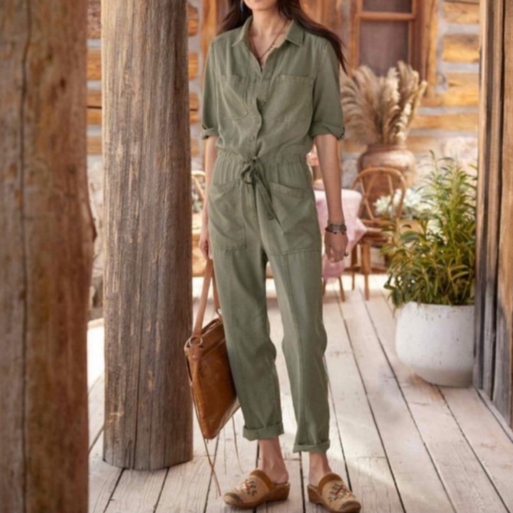 Sundance Wayside Jumpsuit Vintage Wash Roll-Tab Straight Leg Green Petite‎ Small